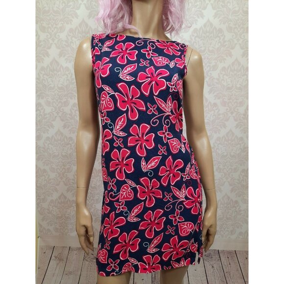 Vintage 90s Sleeveless Mini Dress S Floral Bright Pink Blue Tropical Hawaiian - Picture 11 of 12